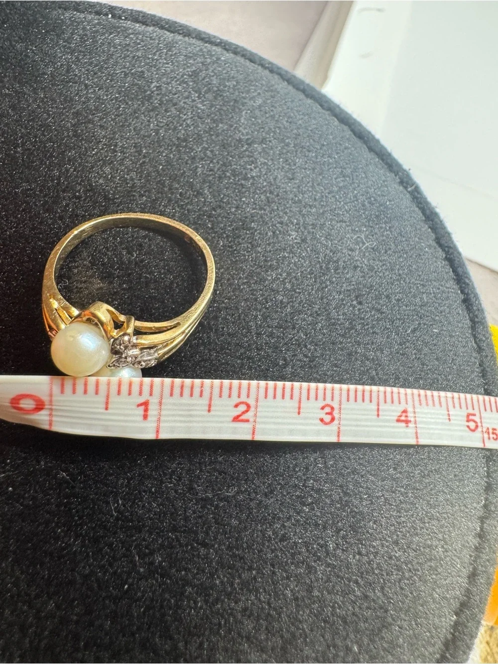 10K Solid Yellow Gold Double Pearl & Diamond Botanical Bypass Ring Size 7